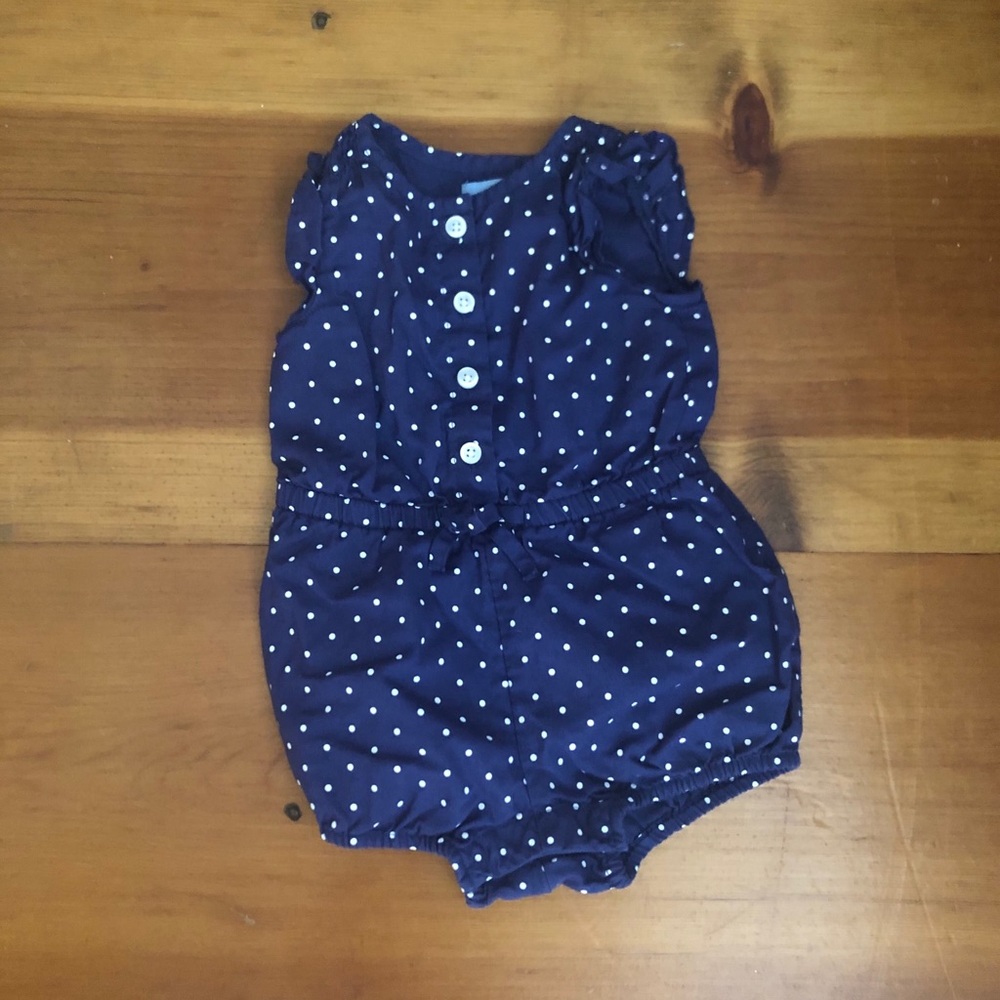 Navy blue and white polka dot romper